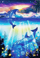 Алмазная вышивка "Дельфины и рассвет", море, закат, прибой, полная выкладка, ,мозаика 5d, наборы 30х40 см
