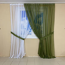 Комплект шифонових тюлів №425 2шт. 3*2,70 м і підхоплення Зелений+білий