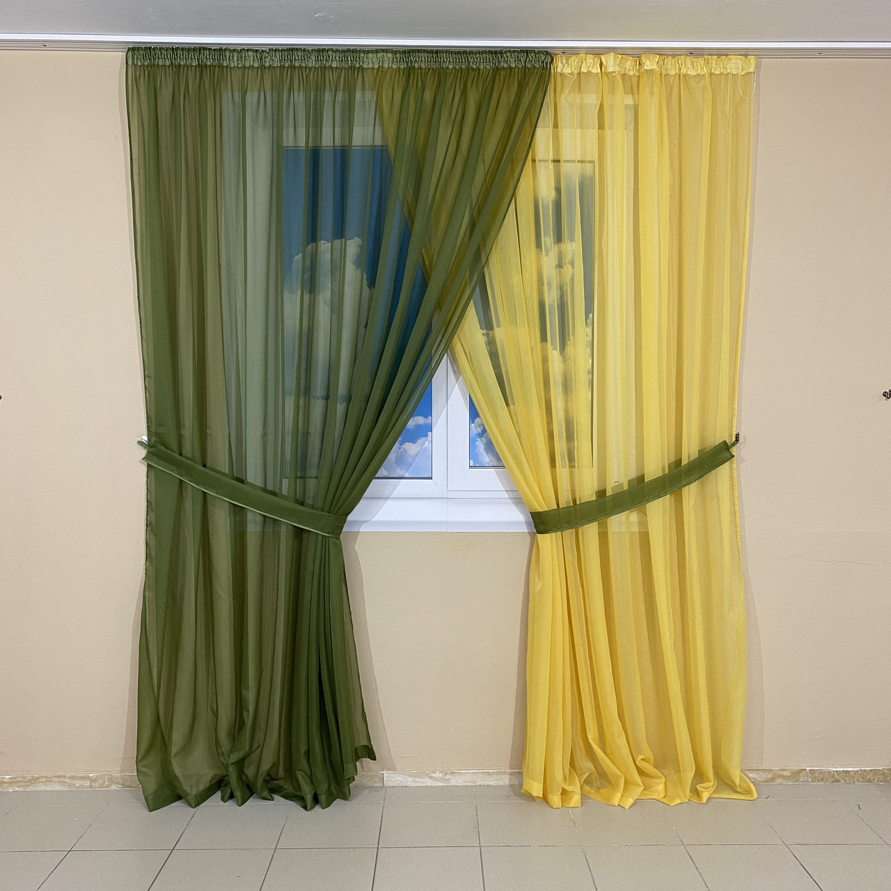 Комплект шифонових тюлів №425 2шт. 3*2,70 м і підхоплення Зелений+жовтий