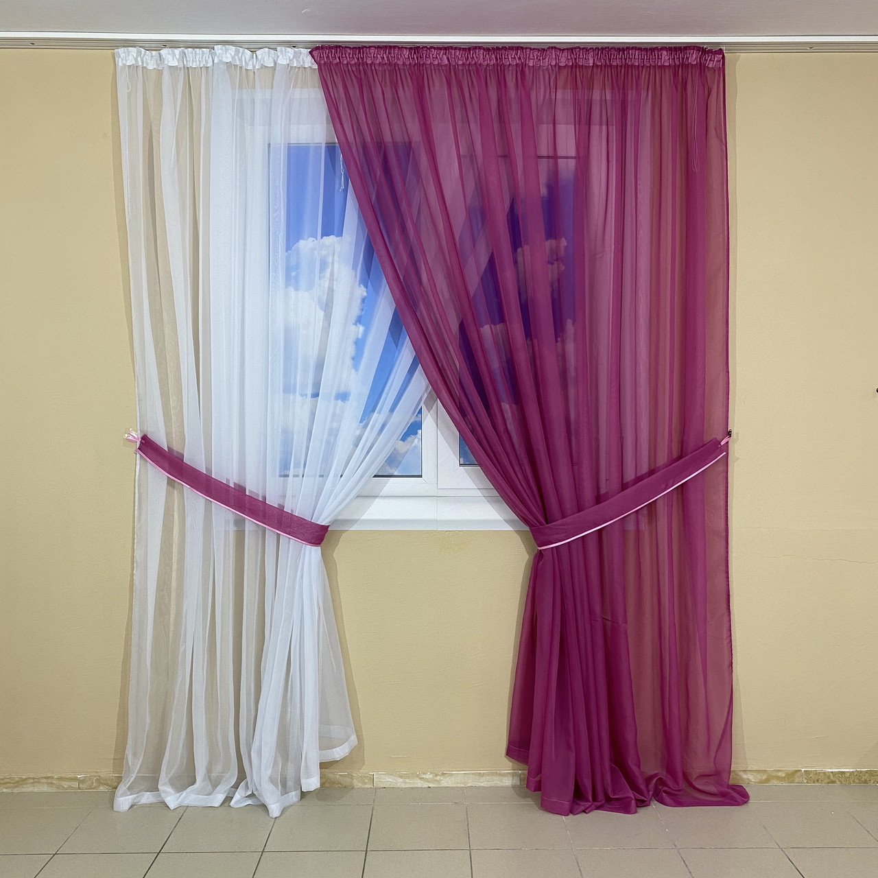 Комплект шифонових тюлів №425 2шт. 3*2,70 м і підхоплення Малиновий+білий