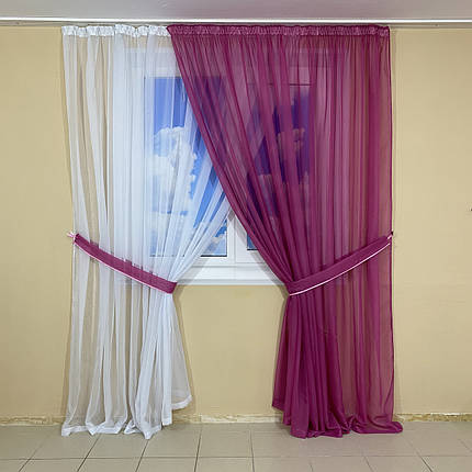 Комплект шифонових тюлів №425 2шт. 3*2,70 м і підхоплення Малиновий+білий, фото 1