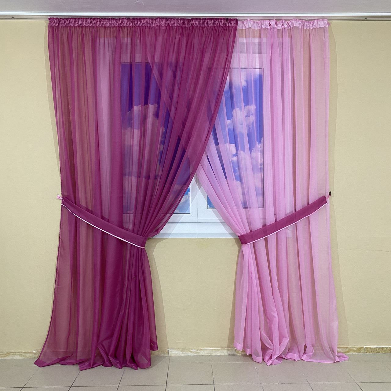 Комплект шифонових тюлів №425 2шт. 3*2,70 м і підхоплення Малиновий+рожевий