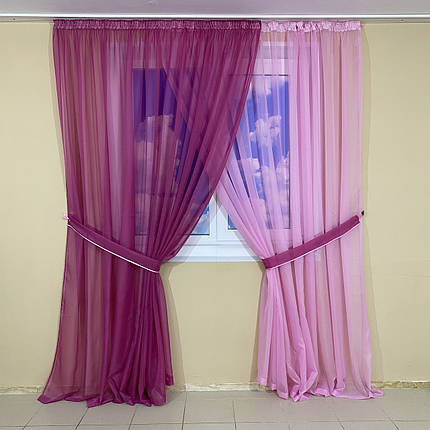 Комплект шифонових тюлів №425 2шт. 3*2,70 м і підхоплення Малиновий+рожевий, фото 1