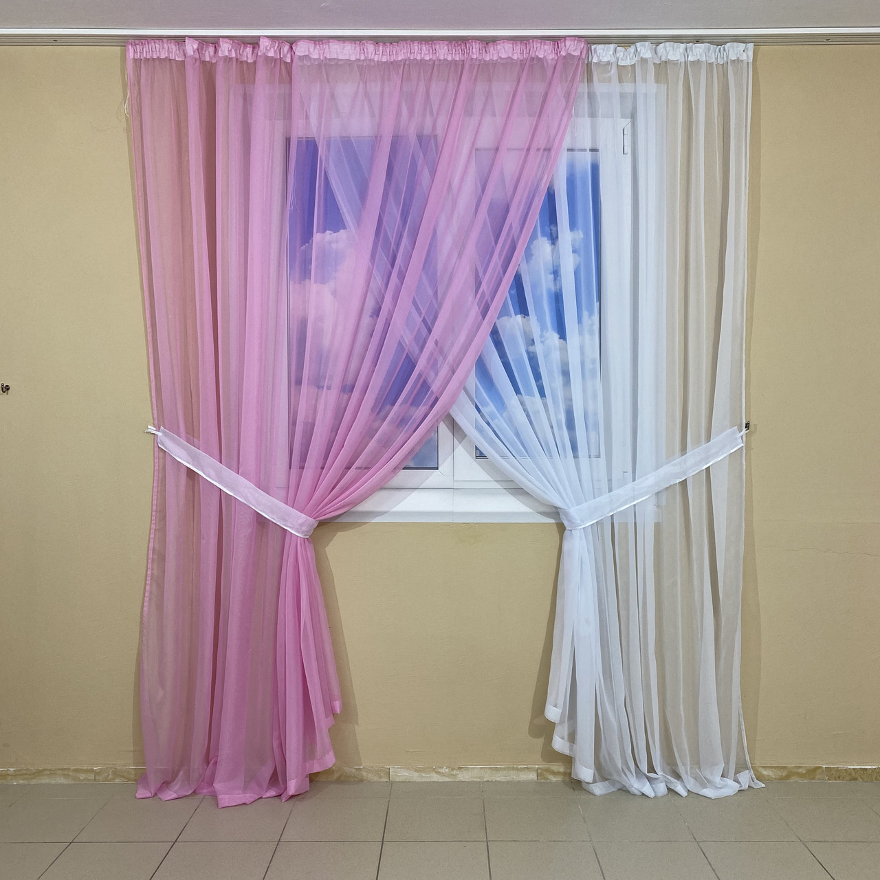 Комплект шифонових тюлів №425 2шт. 3*2,70 м і підхоплення Рожевий+білий