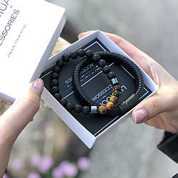 Чоловічі браслети з натурального каміння та шкіри, шкіряний браслет кам'яний браслет комплект