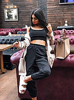 Стильный женский повседневный костюм из двунитки топ на тонких бретелях и широкие штаны с манжетами