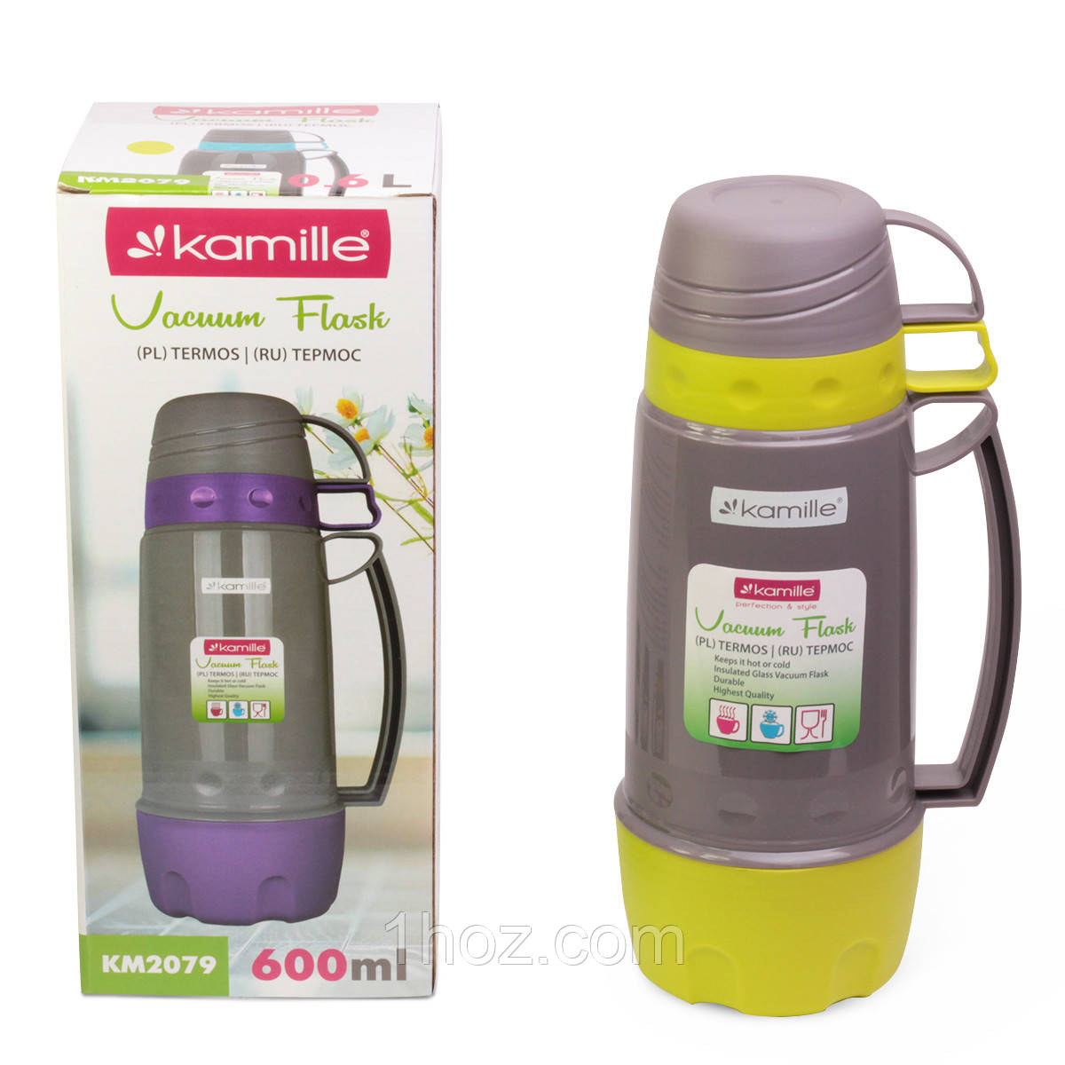 Термос Kamille Жовтий 600мл пластиковий зі скляною колбою KM-2079, фото 1