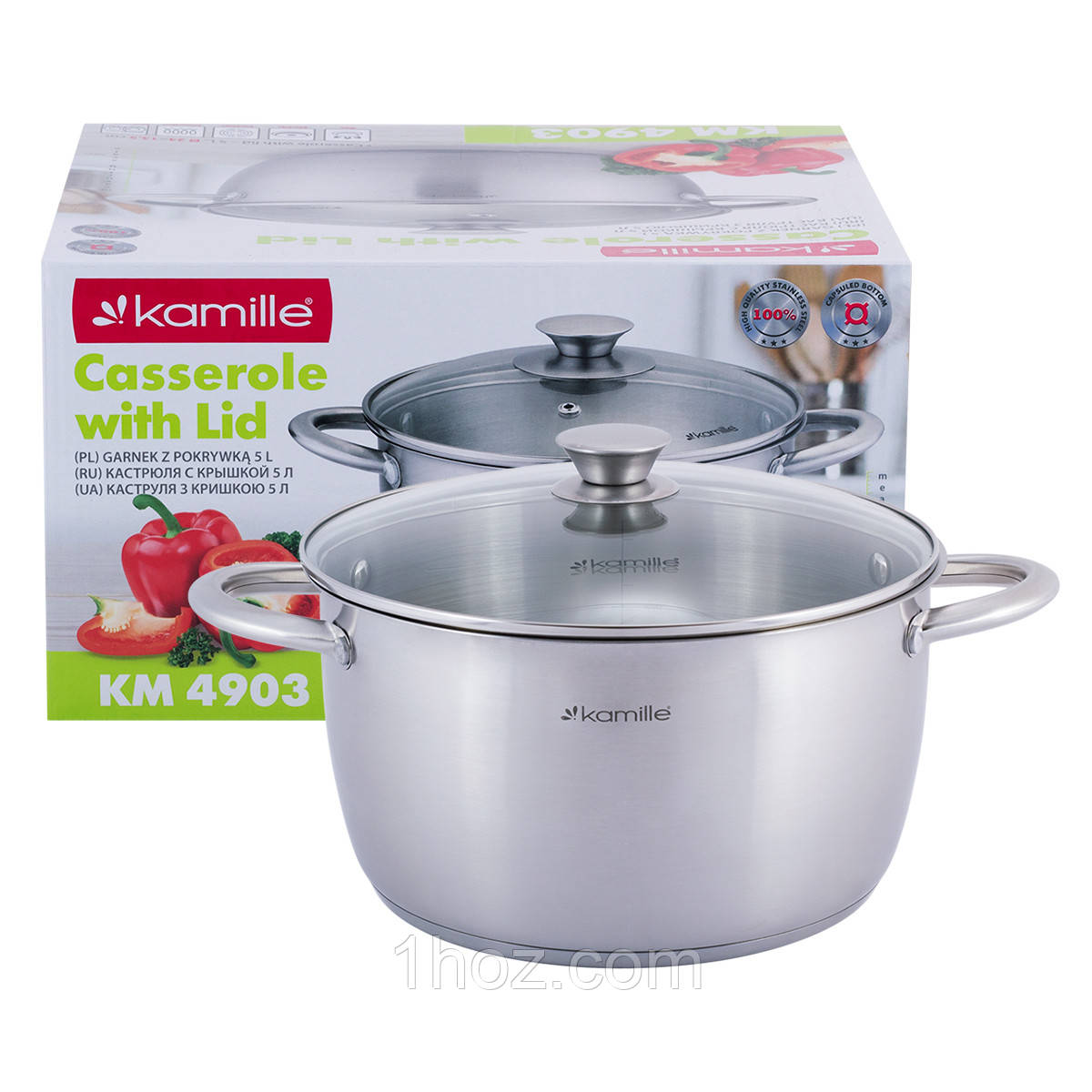 Каструля з кришкою Kamille 5л з нержавіючої сталі і порожнистими ручками для індукції і газу KM-4903, фото 1