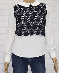 Блузка шкільна з довгим рукавом для дівчинки, мереживна вставка макраме, крепдешень, Milana