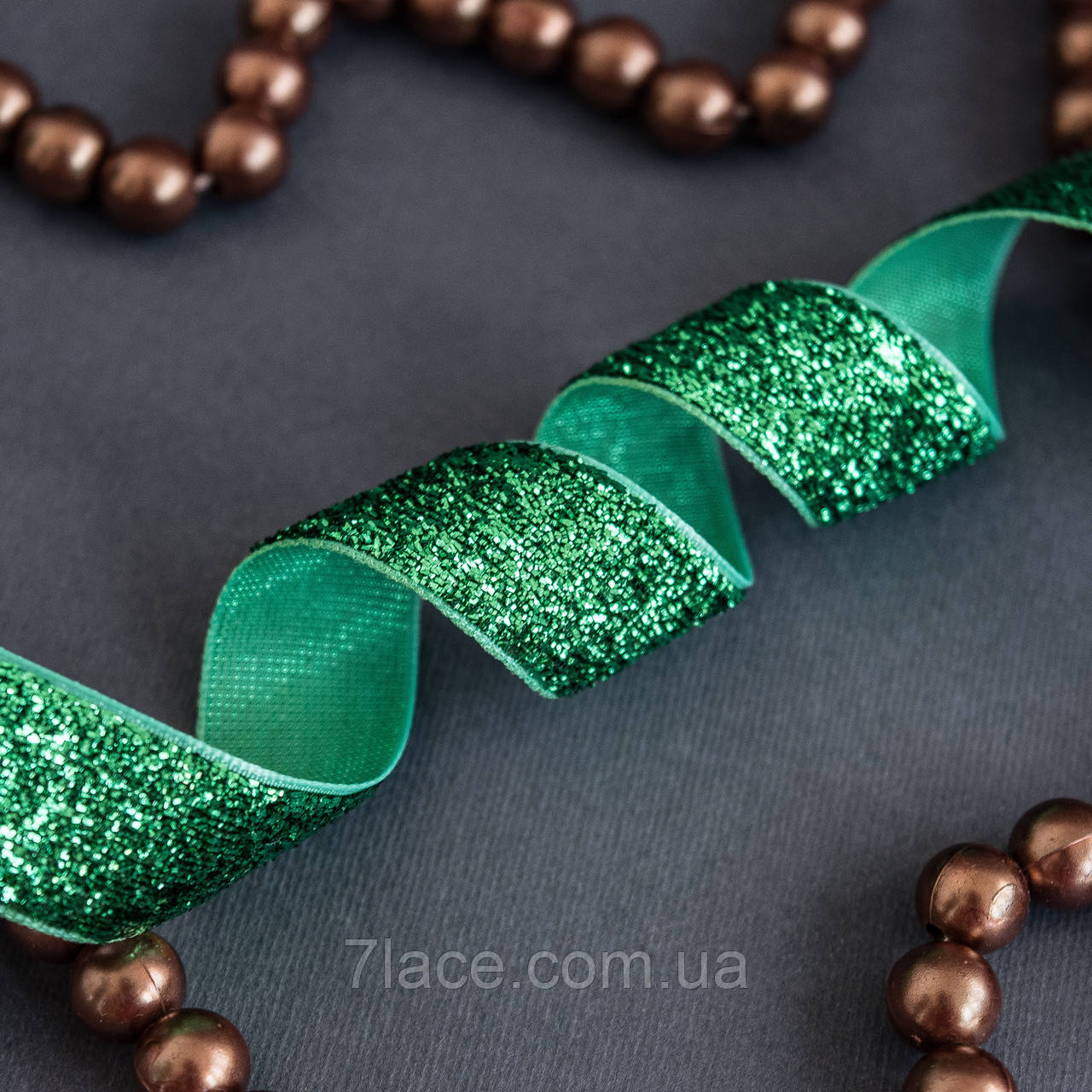 Стрічка оксамитова з люрексом/колір зелений/ширина 2,0 см/бобіна 50 ярдів