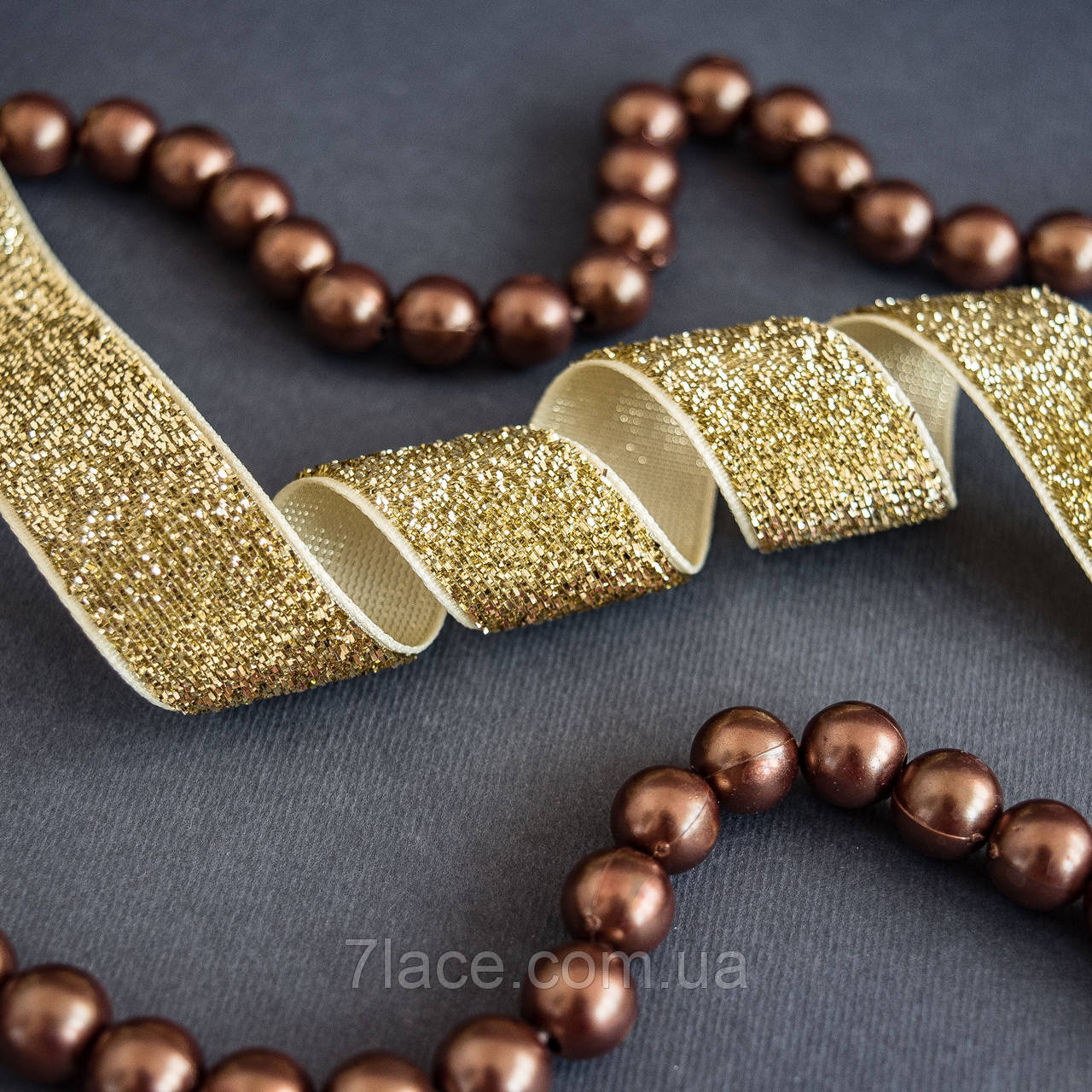 Стрічка оксамитова з люрексом/колір золотий/ширина 2,0 см/бобіна 50 ярдів, фото 1