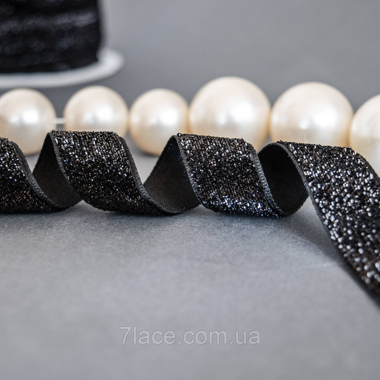 Стрічка оксамитова з люрексом/колір чорний/ширина 2,0 см/бобіна 50 ярдів, фото 1