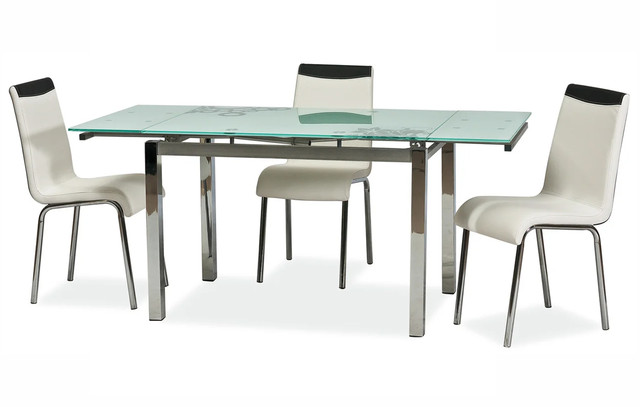 Білий розкладний кухонний стіл Signal GD-017 скло на хромованих плоских ніжках Польща Білий розкладний кухонний стіл Signal GD-017 скло на хромованих плоских ніжках Польща