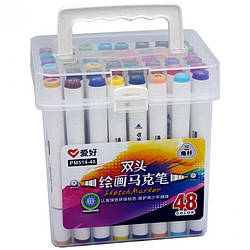 Набір двосторонніх маркерів 48 кольорів для скетчинга AH-PM514-48 (круглий+скошений.) в пластик. пеналі