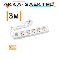 Удлинитель на 5 гнезд с заземлением с кнопкой - 3 метра Viko 90118503