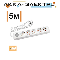 Удлинитель на 5 гнезд с заземлением с кнопкой - 5 метров Viko 90118505