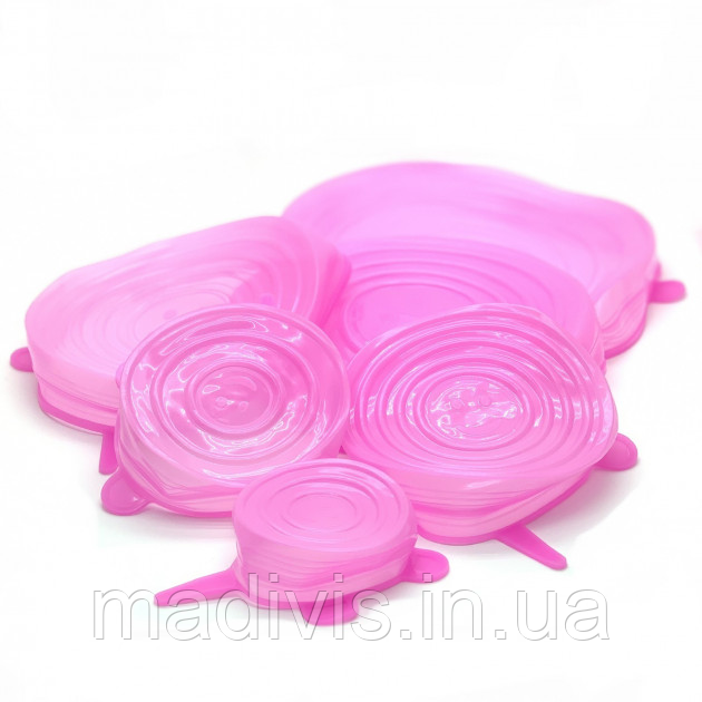 Набір багаторазових силіконових кришок для посуду 6 штук Super Stretch SILICONE Lids РОЗОВНІ, фото 1