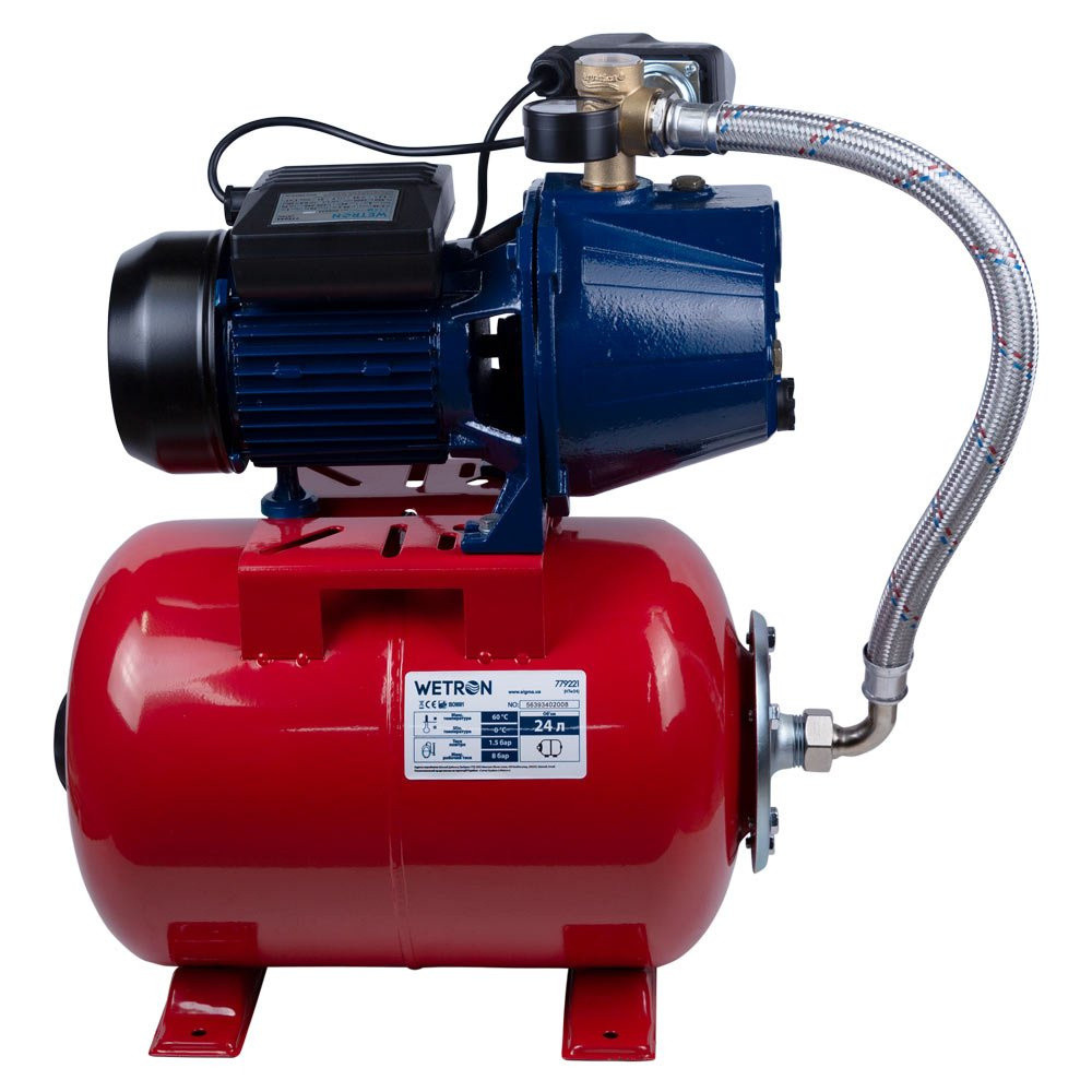 Насосна станція WETRON (1,1 кВт, напір 50 м, Qmax 60 л/хв, гідробак 24л) для води, поливу, свердловини, колодязя, фото 1