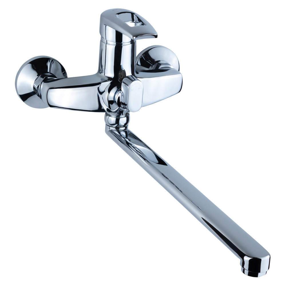 Змішувач для ванни з душем ТМ AQUATICA (гусак прямий 350 мм, шланг, лійка, кронштейн), фото 1