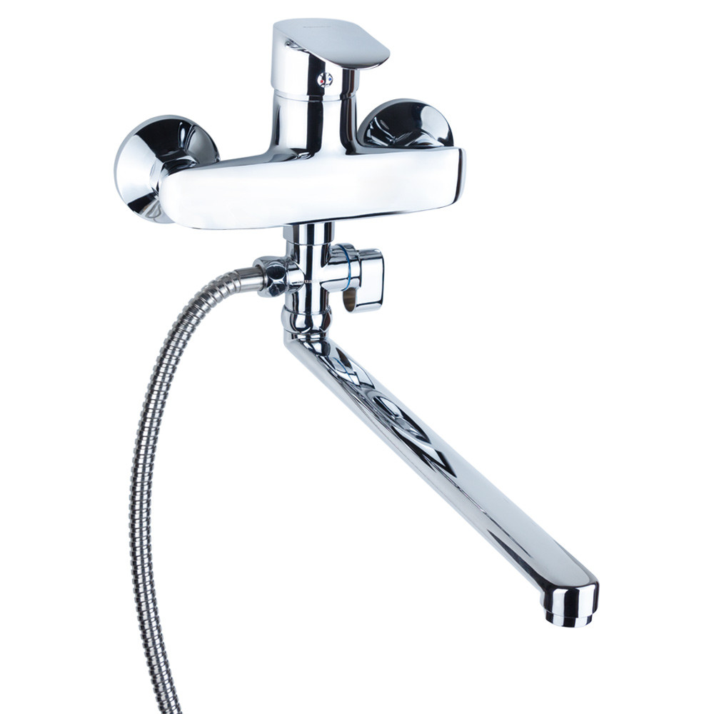 Змішувач для ванни з душем ТМ AQUATICA (вилив прямий 350 мм, шланг, лійка, кронштейн) у ванну, фото 1