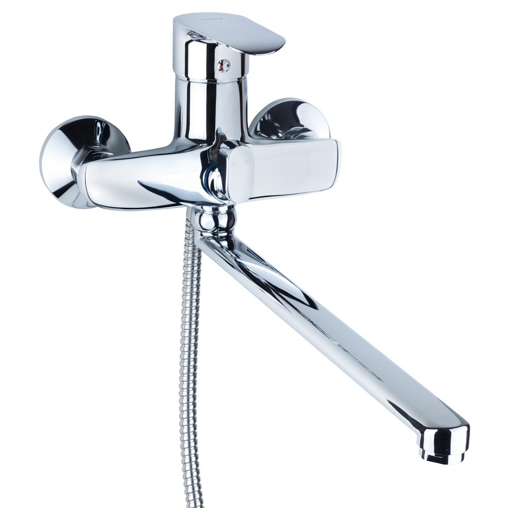 Змішувач для ванної кімнати (вилив прямий 350 мм, шланг, лійка, кронштейн) ТМ AQUATICA, фото 1