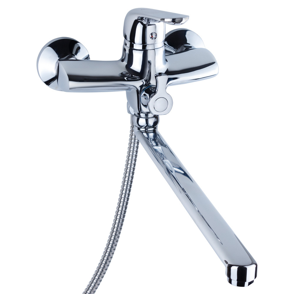 Змішувач для ванної кімнати з душем ТМ AQUATICA (гусак прямий 350 мм, шланг, лійка, кронштейн), фото 1