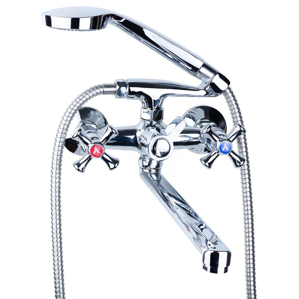 Змішувач для ванни ТМ AQUATICA (гусак прямий 350 мм, шланг, лійка, кронштейн) у ванну кімнату, фото 1