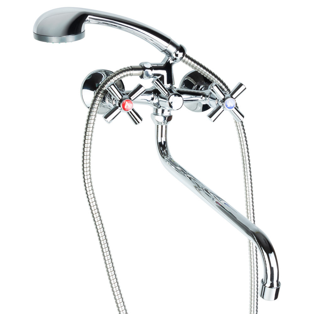 Змішувач для ванни (гусак вигнутий, шланг, лійка, кронштейн, дивертор вбудований кульовий) ТМ AQUATICA, фото 1