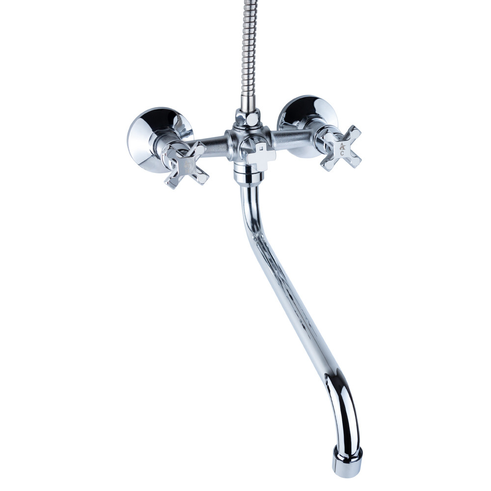 Змішувач для ванни ТМ AQUATICA (гусак вигнутий, шланг, лійка, кронштейн, дивертор вбудований кульовий), фото 1