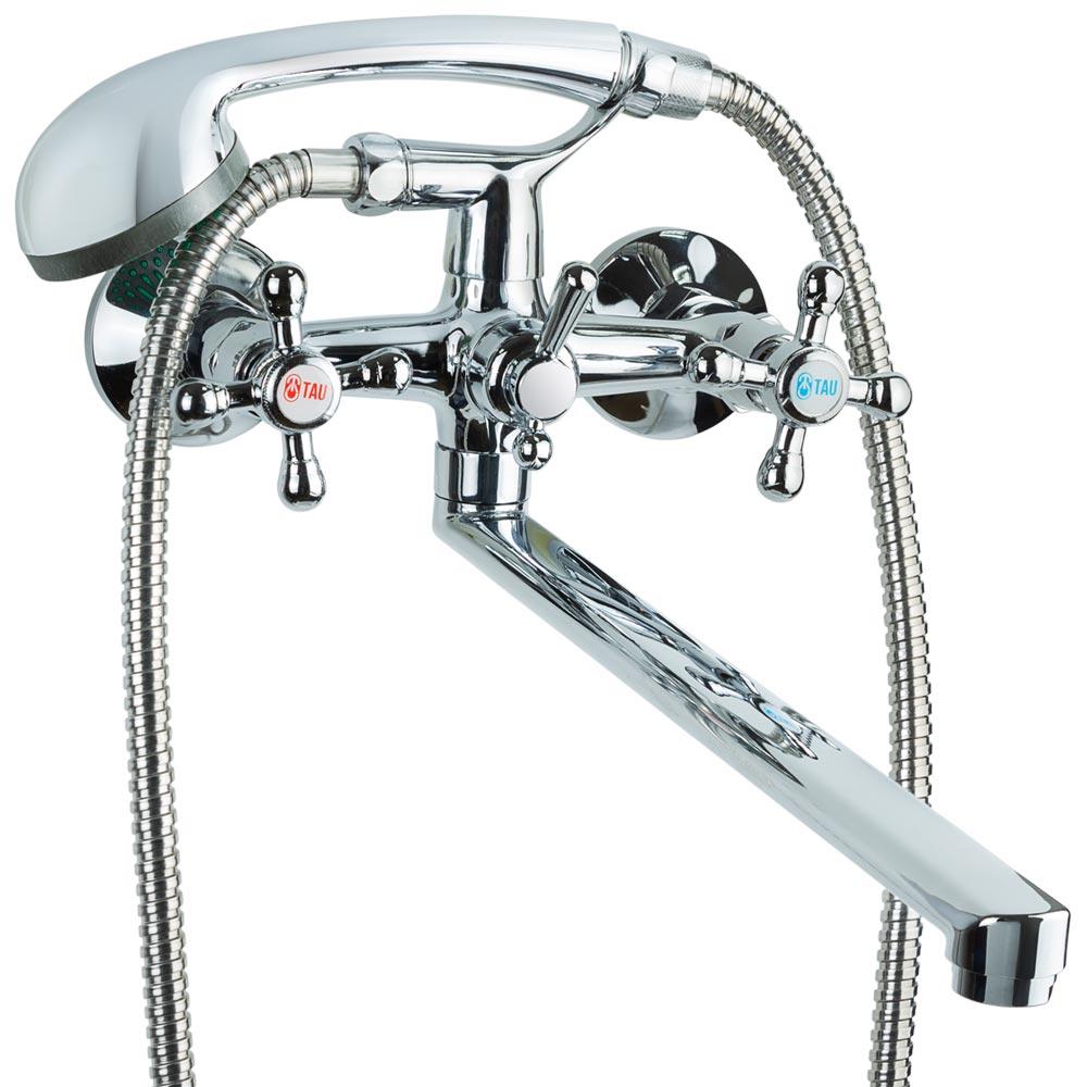 Змішувач для ванни з душем ТМ TAU (гусак прямий 350 мм, шланг, лійка, кронштейн) у ванну, фото 1