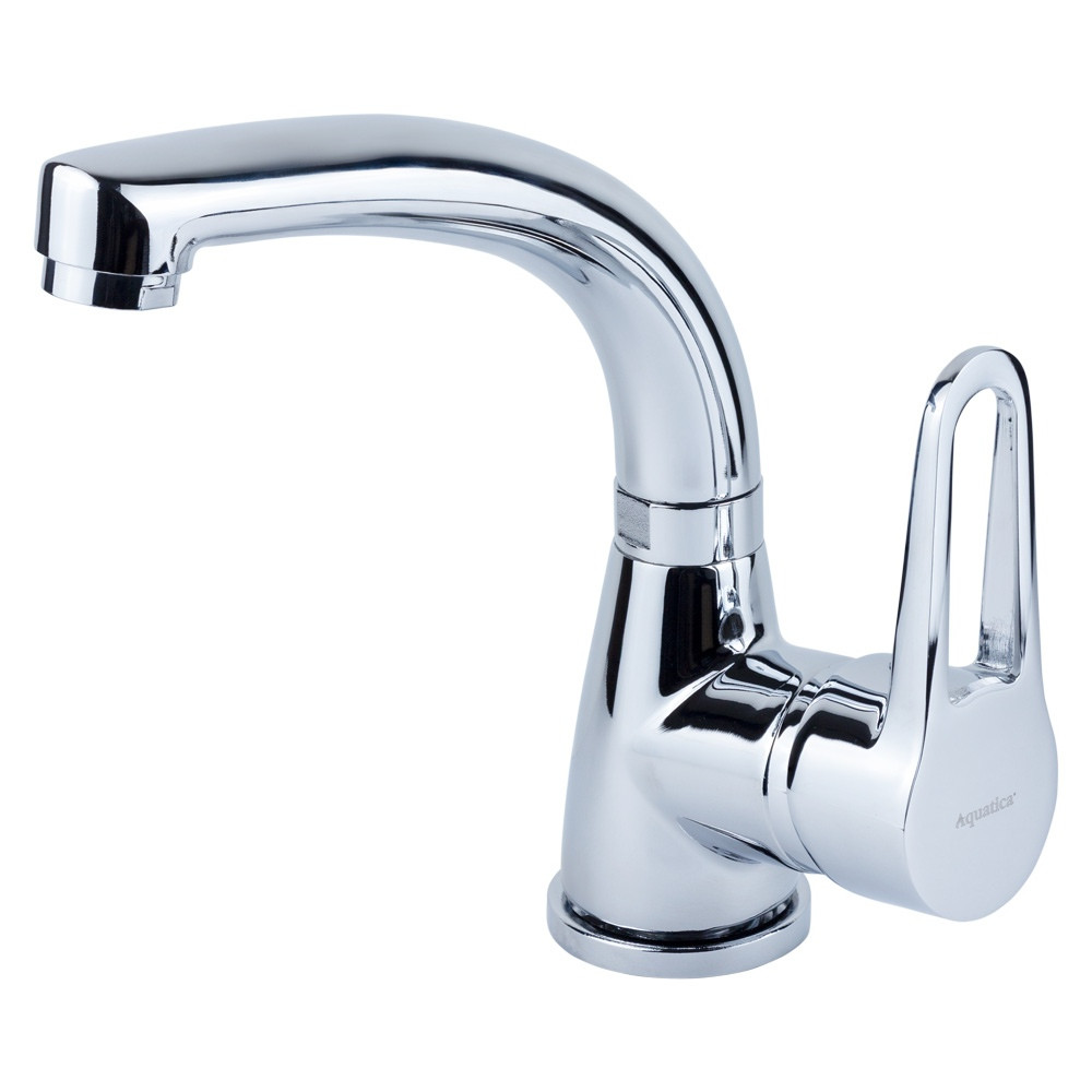 Змішувач для рукомийника, умивальника (гусак вигнутий, на гайці) для раковини ТМ AQUATICA, фото 1