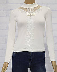 Блузка шкільна з довгим рукавом для дівчинки, з мереживними вставками, трикотаж, Carrino Girls