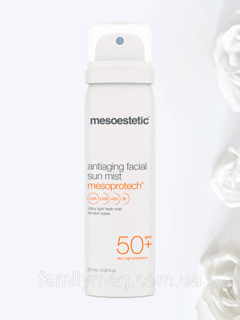 Сонцезахисний спрей для обличчя з антивіковим ефектом SPF 50+ Antiaging facial sun mist Mesoestetic 60 мл