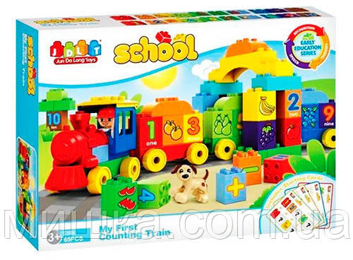 Дитячий конструктор JDLT 5308, поїзд, ( 65 деталей), машиніст, собачка, 4 картки з цифрами, фото 1