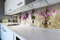 Виниловый кухонный фартук Тюльпаны и Сирень Самоклеющаяся пленка ПВХ цветы в вазе вуаль 600*3000 мм