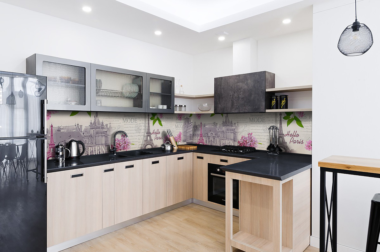 Вініловий кухонний фартух Весна в Парижі Самоклеюча плівка ПВХ Ейфелева вежа Бузок Сірий 600*2000 мм