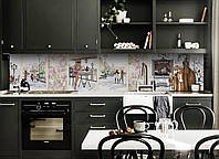 Виниловый кухонный фартук Кафе в Париже Самоклеющаяся пленка ПВХ нарисованные Люди Бежевый 600*3000 мм