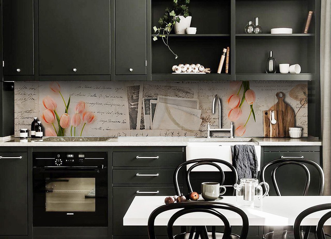 Вініловий кухонний фартух Лист Тюльпани Самоклеюча плівка ПВХ ретро вінтаж квіти Бежевий 600*2000 мм