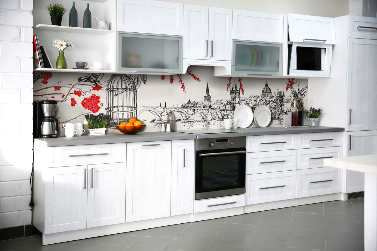 Вініловий кухонний фартух Англія Плівка самоклеюча ПВХ червоні елементи олень Сірий 600*2000 мм