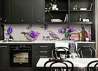 Виниловый кухонный фартук Фиолетовая Птица Самоклеющаяся пленка ПВХ цветы бабочки букеты 600*3000 мм