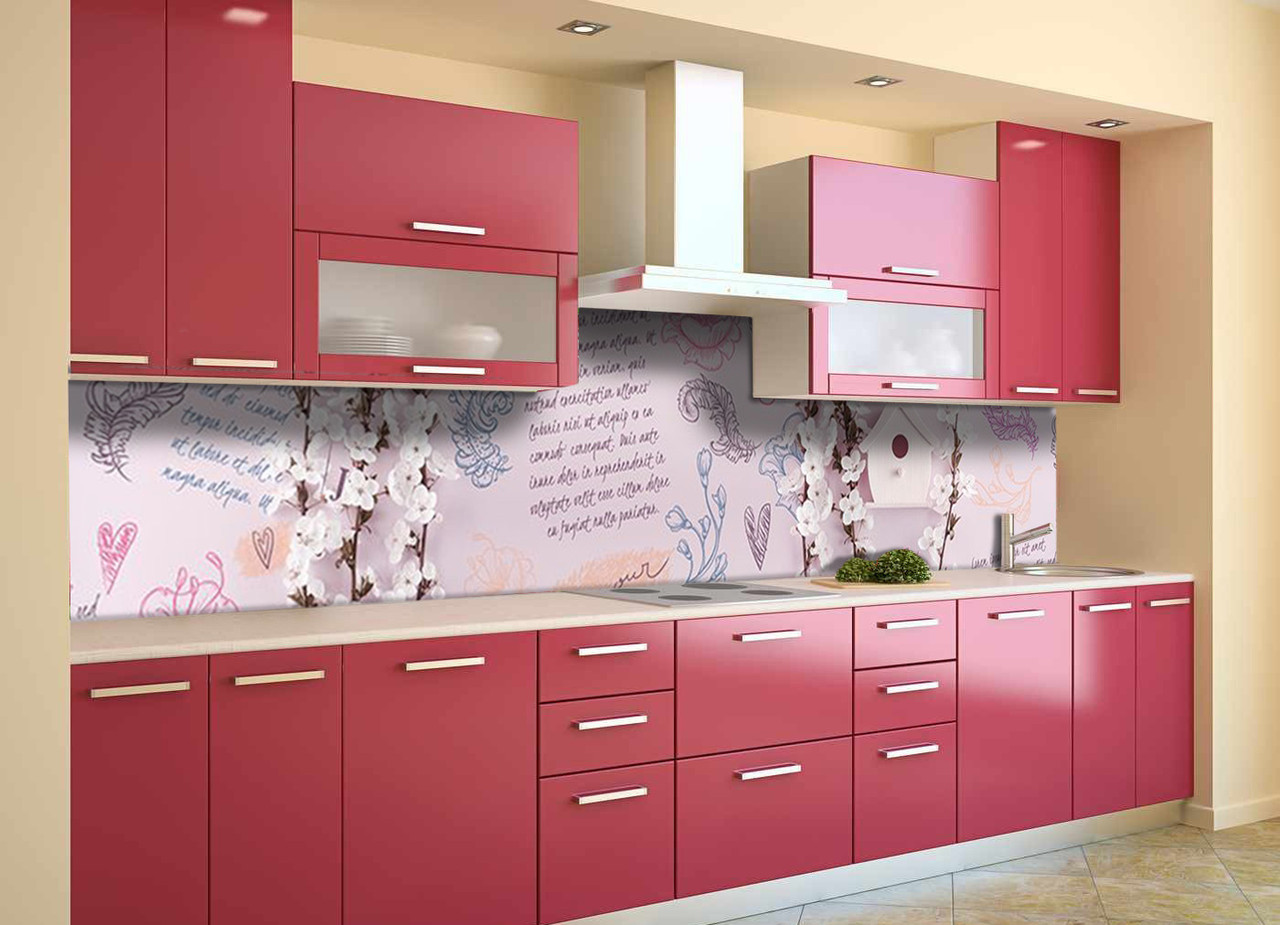 Вініловий кухонний фартух Вірші декоративна плівка наклейка скіналі ПВХ написи квіти вишні Рожевий 600*2000 мм