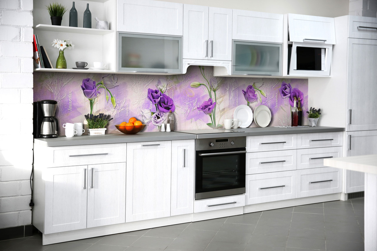 Вініловий кухонний фартух Фіолетові Еустоми декоративна плівка наклейка скіналі ПВХ квіти троянди 600*2000 мм