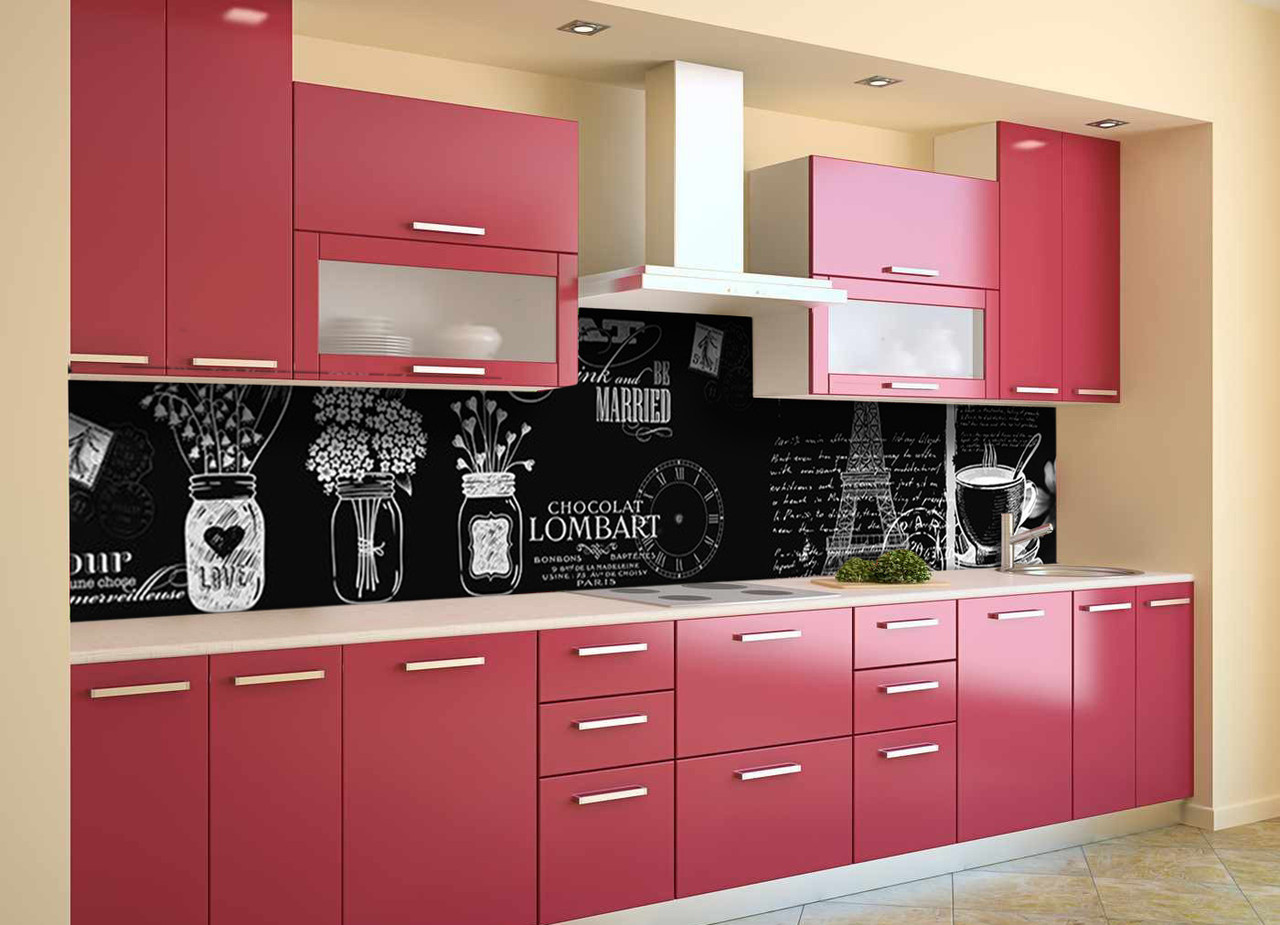 Вініловий кухонний фартух Чорно-білий Париж Самоклеюча плівка ПВХ квіти написи Абстракція 600*2000 мм