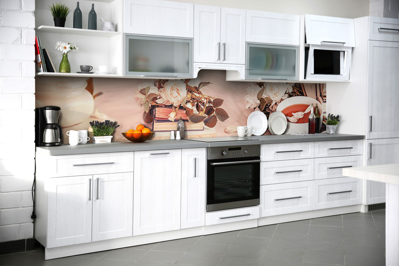 Вініловий кухонний фартух Ностальгія Самоклеюча плівка ПВХ рожеві троянди книги Абстракція 600*2000 мм, фото 1