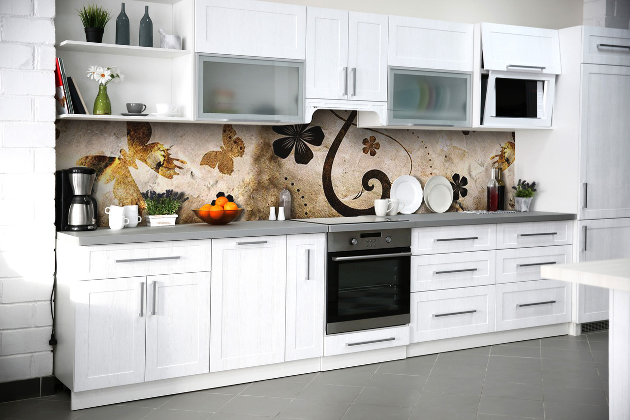 Вініловий кухонний фартух Метелики та завитки Самоклеюча плівка ПВХ вінтаж текстура Коричневий 600*2000 мм, фото 1