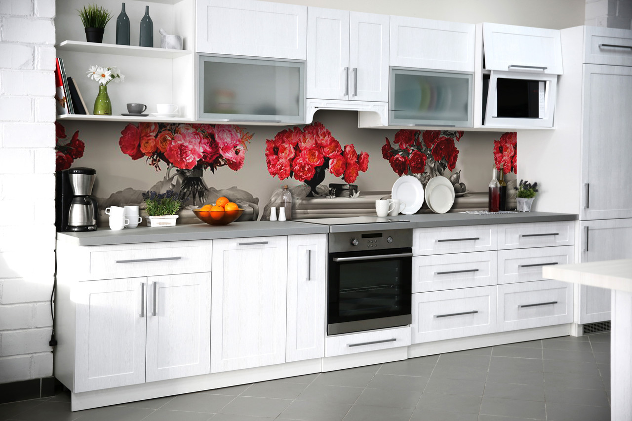 Вініловий кухонний фартух Червоні Півонії декоративна плівка наклейка скіналі ПВХ квіти букети Сірий 600*2000 мм