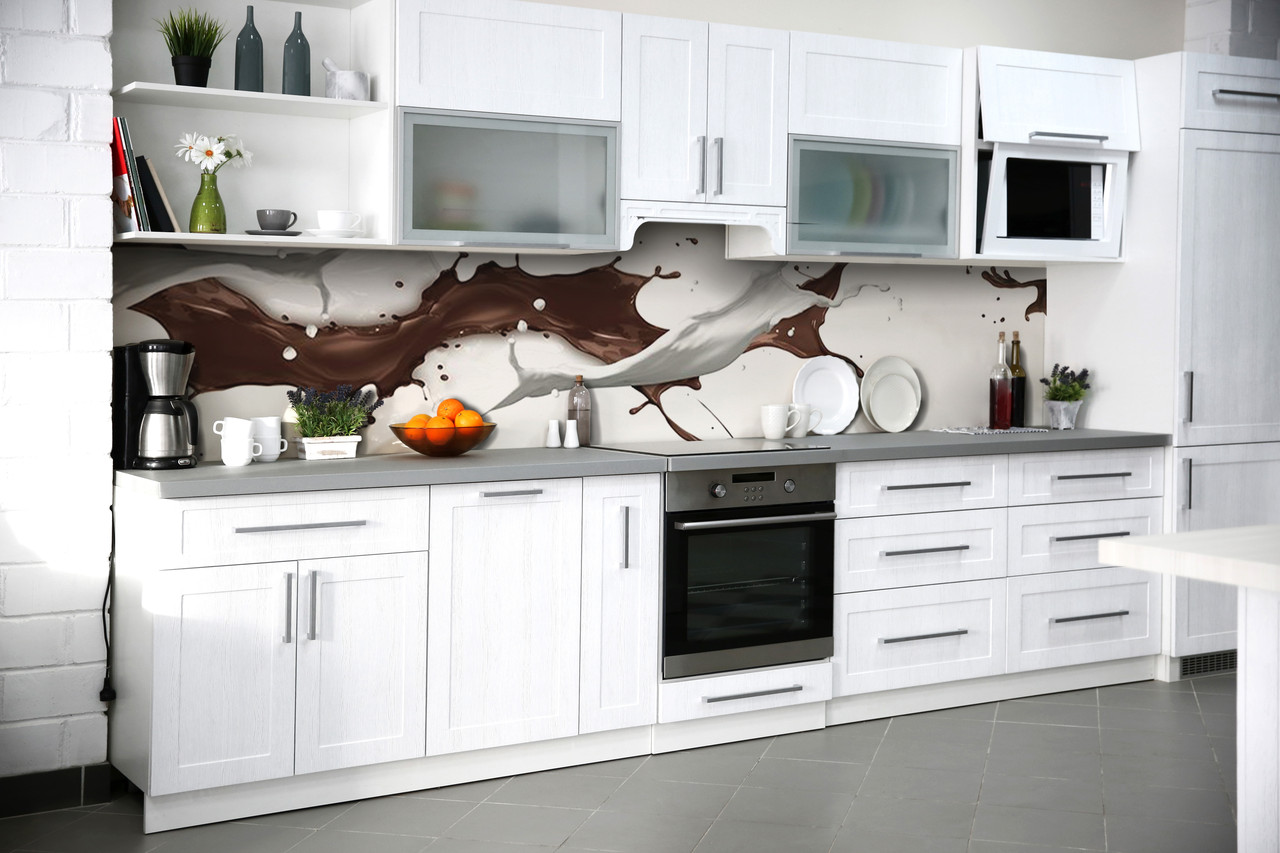 Вініловий кухонний фартух Кавові бризки декор скіналі ПВХ рідина Абстракція кави Бежева 600*2000 мм, фото 1