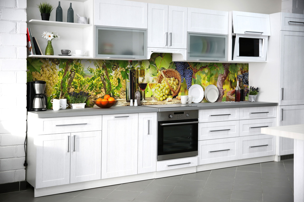 Вініловий кухонний фартух Сонячний Виноград Плівка ПВХ вино лоза бокал Зелений 600*2000 мм