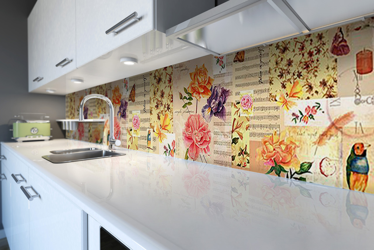 Вініловий кухонний фартух Ноти декоративна плівка наклейка скіналі ПВХ музика квіти Бежевий 600*2000 мм, фото 1