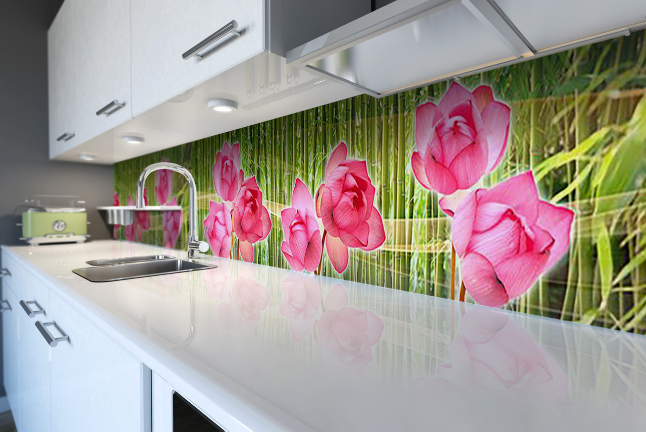 Вініловий кухонний фартух Квіти Лотоса декоративна плівка наклейка скіналі ПВХ бамбук Схід Зелений 600*2000 мм